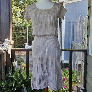 Boho Beige Crochet Knit Midi Dress Short Sleeve Open Knit Summer Dress Festival
